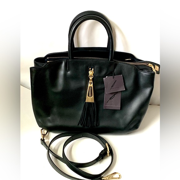 Designer Brian Atwood Leather AHAVEN Tassel Zip Pocket BLACK Tote Hand Bag NWT - Picture 1 of 13